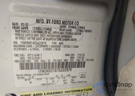 2007 Ford Freestyle Sel from USA, damaged, VIN 1FMDK02187GA35979